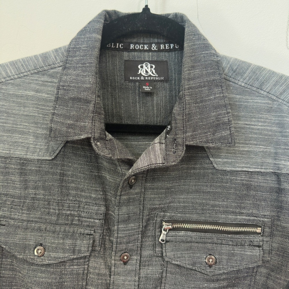 Rock & Republic Western Shirt Mens Small Gray Cotton‎ Slub Yoke Zip Chest Pocket